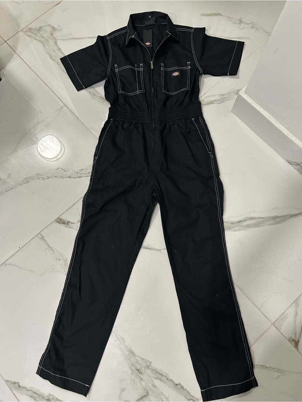 Dickies Classic Black Short-Sleeve Utility Romper with Contrast Stitching Zipper